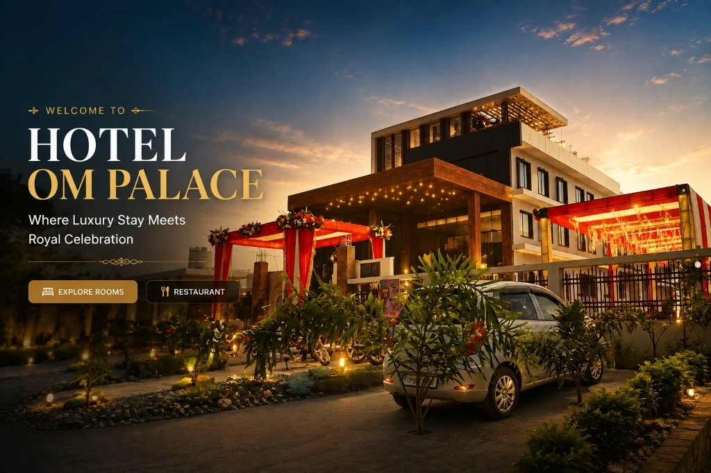 HOTEL OM PALACE — Exterior at sunset with grand entrance and illuminated facade
